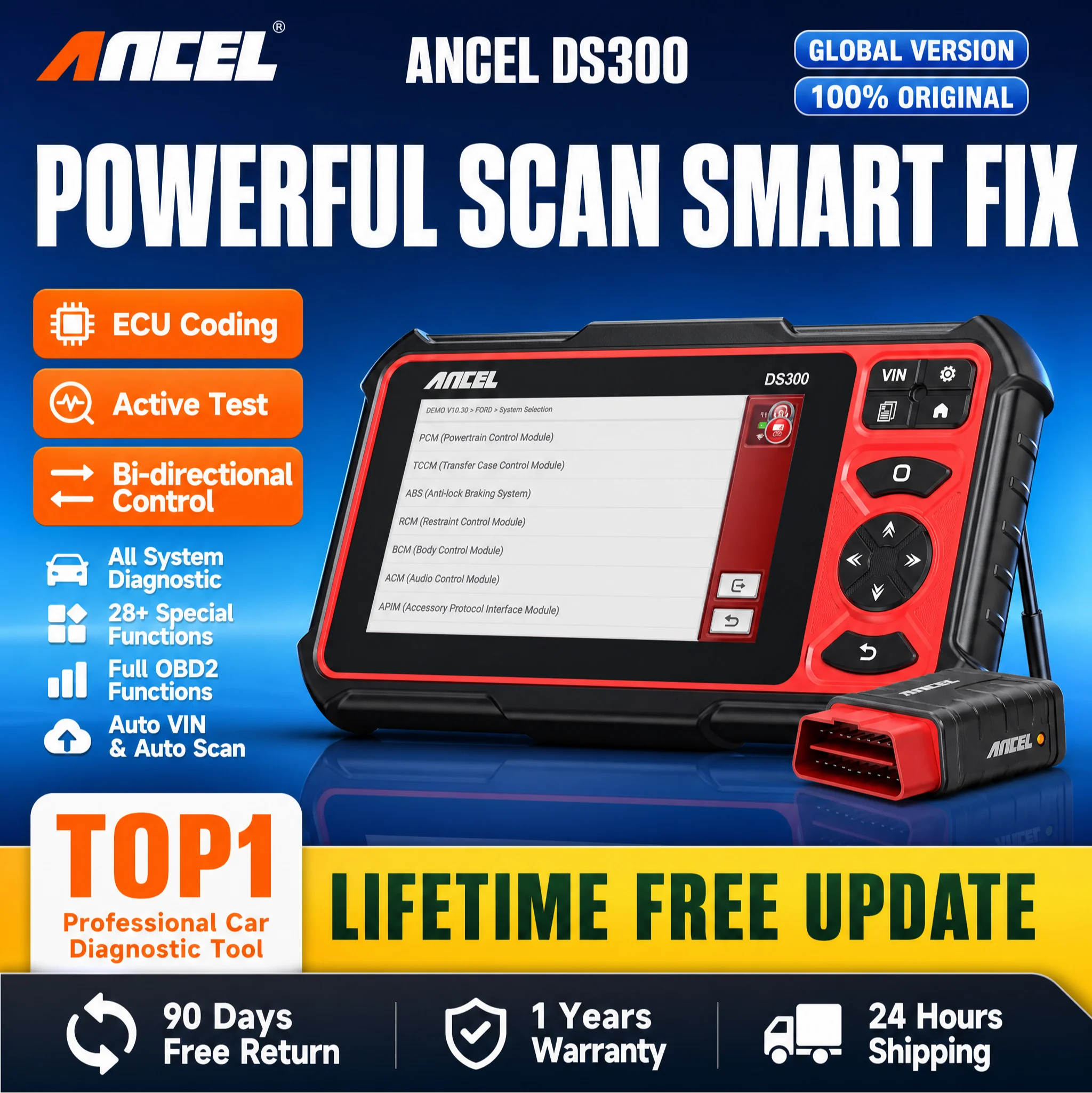 ANCEL DS300 Strumento Diagnostico per Auto, Scanner OBD2 Bidirezionale, Codifica ECU, Test Attivo FCA, 30+ Reset, Sistema Completo