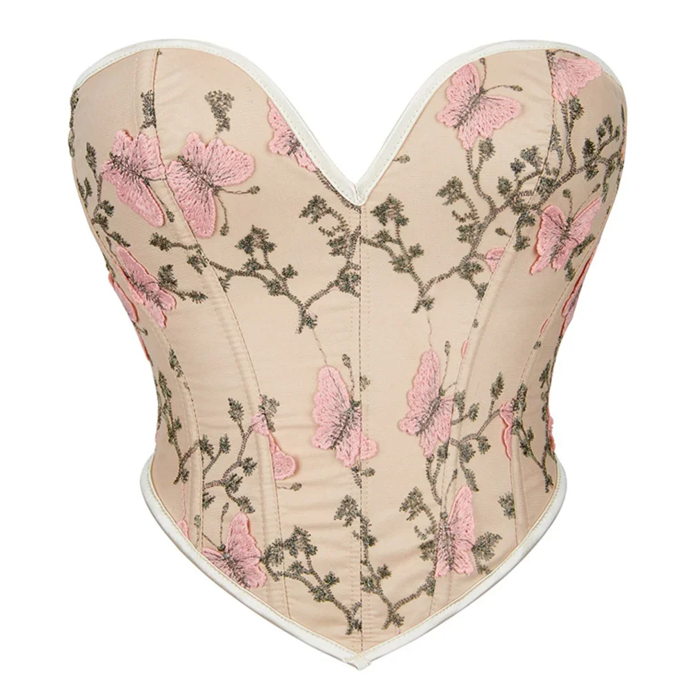 Women Butterfly Pattern Jacquard Corsets Crop Tops Overbust Bustiers Backless Lace Up Slimming Lingerie Sexy Corselet