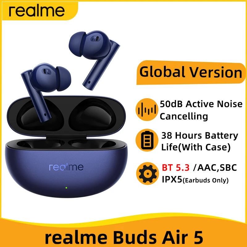 Global Version realme buds Air 5 TWS Earphone 50dB Active Noise Cancelling Bluetooth 5.3 38Hour Battery True Wireless Headphone