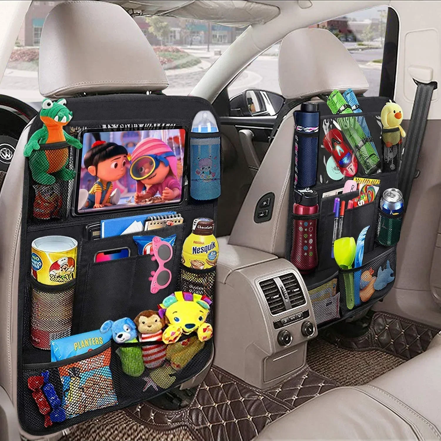 Car Backseat Organizer with Touch Screen Tablet Holder Auto Back Seat Storage Cover Protector for Travel Road Trip Kids Toddlers