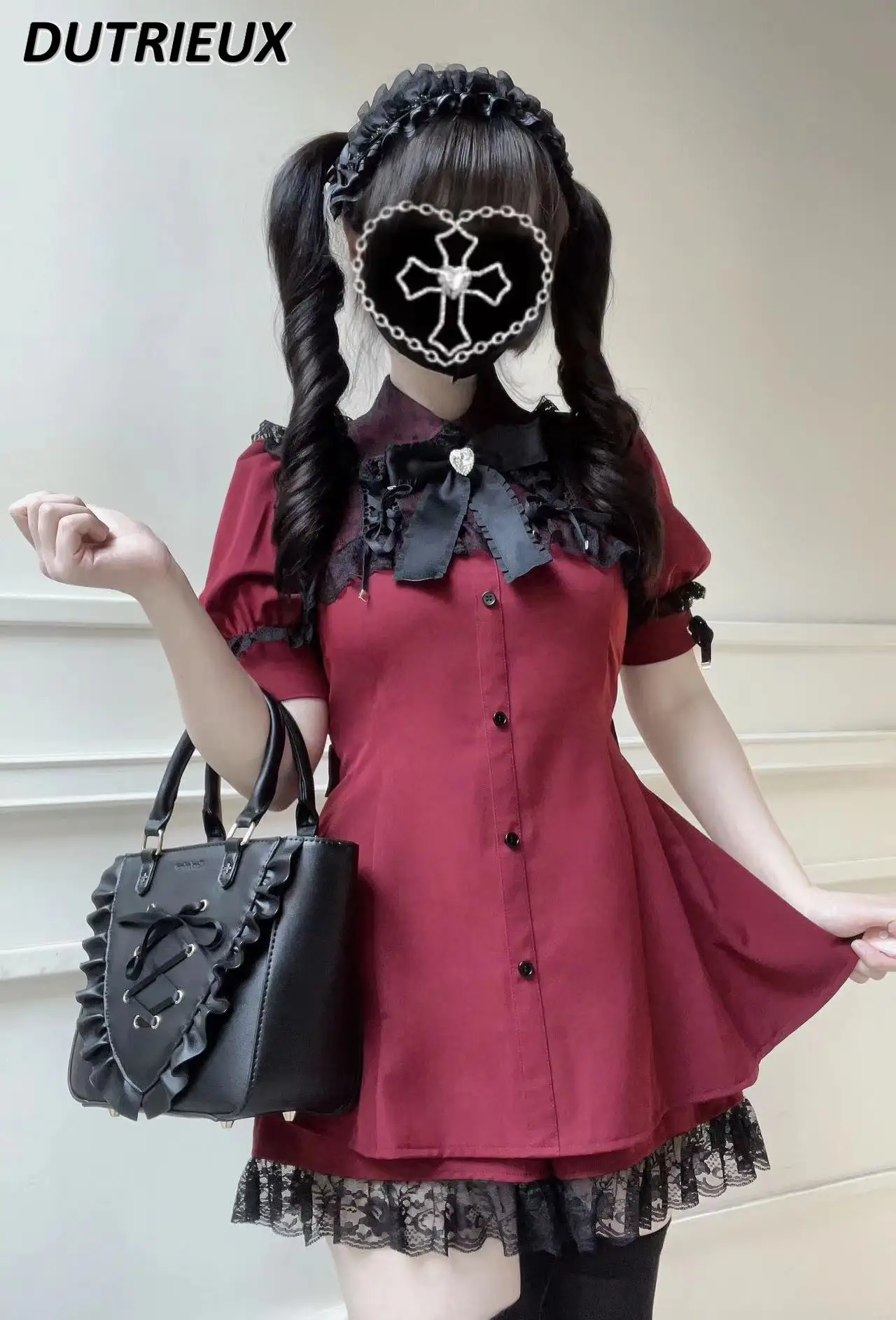 Japanese Original Mine Mass-Produced Short Sleeve Waist-Controlled Top Cuff with Strap Lace Dress and Base Shorts Suit Outfits