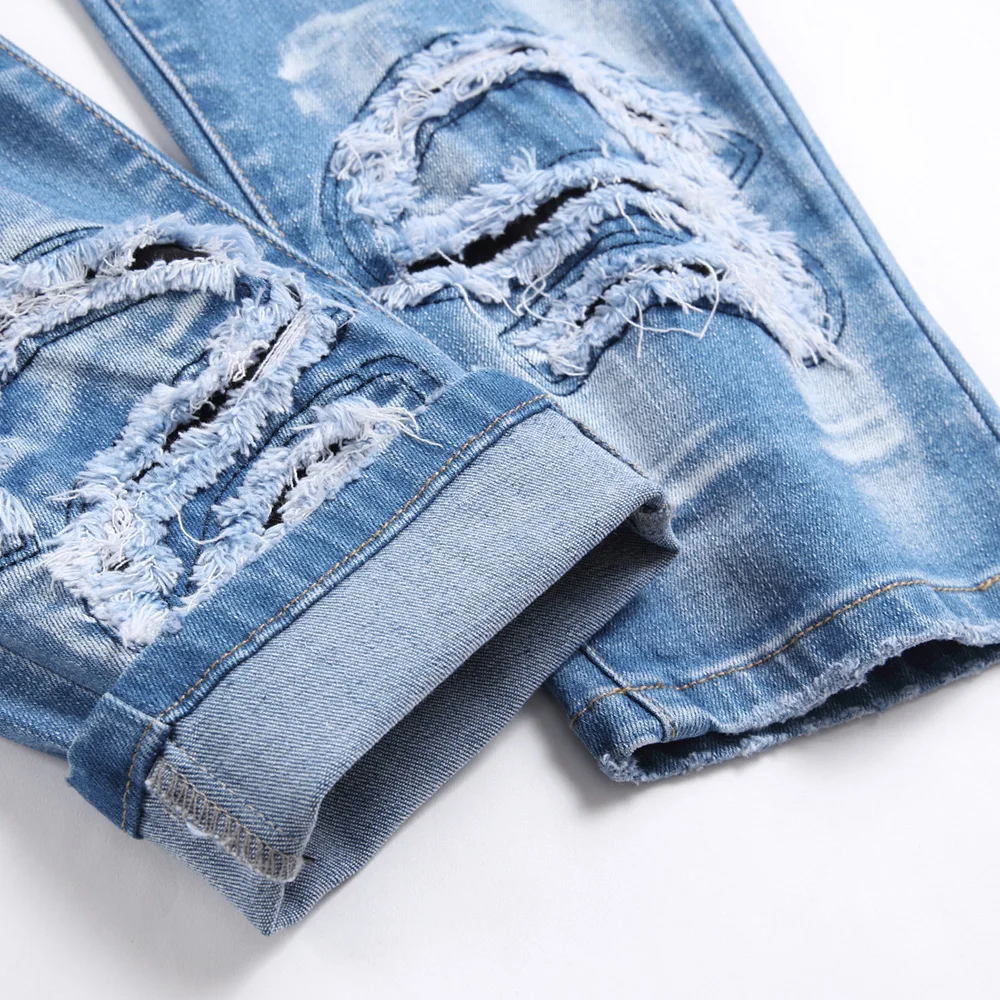 Men Patches Ripped Denim Jeans Casual Holes Distressed Stretch Pants Slim Straight Trousers