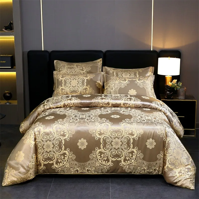 Double Queen Damask Jacquard Satin Duvet Cover 4Pcs Luxury