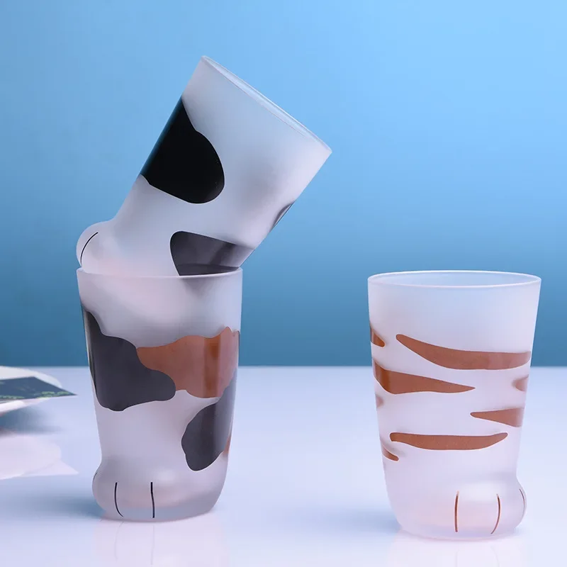 Glass Water Cup Cat Paw Frosted Glass Cup for Coffee
