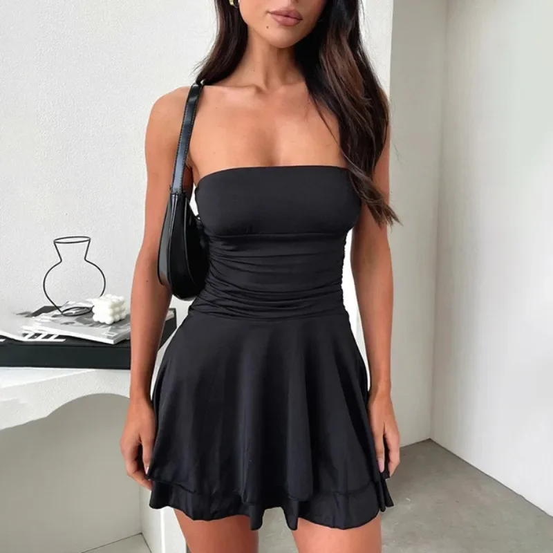 

Summer Women's Backless Strapless High Waist Dresses Solid Colors Boat Neck Sexy Sleeveless Short Dresses Classic Skirts YWFD017