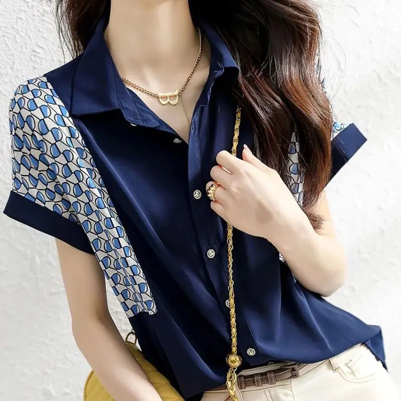 

Elegant Fashion Harajuku Slim Fit Female Clothes Loose Casual All Match Tops Women Printed Patchwork Button Short Sleeve Blouse