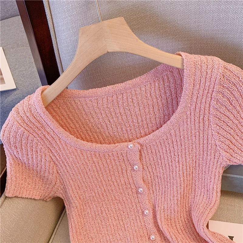 

Женская Повседневная трикотажная блузка на пуговицах, с круглым вырезом и коротким рукавом, милый однотонный облегающий укороченный топ, Новинка лета 27458