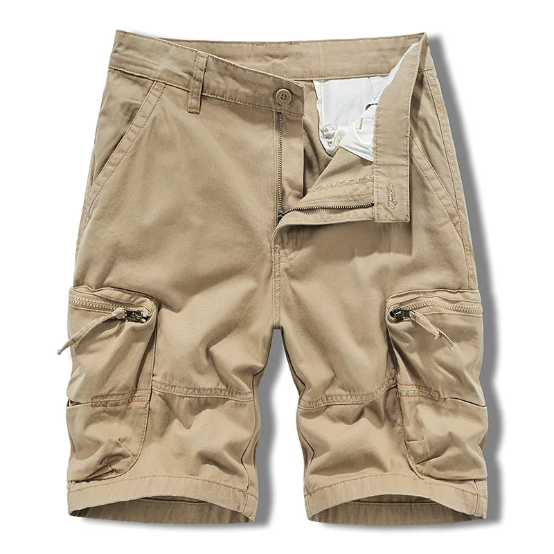 Mehrere Taschen, einfarbig, für den Sommer, lässige Cargo-Shorts für Herren, japanischer Safari-Stil, reine Baumwolle, Reißverschlusstasche, knielange Herren-Shorts_voghion.com