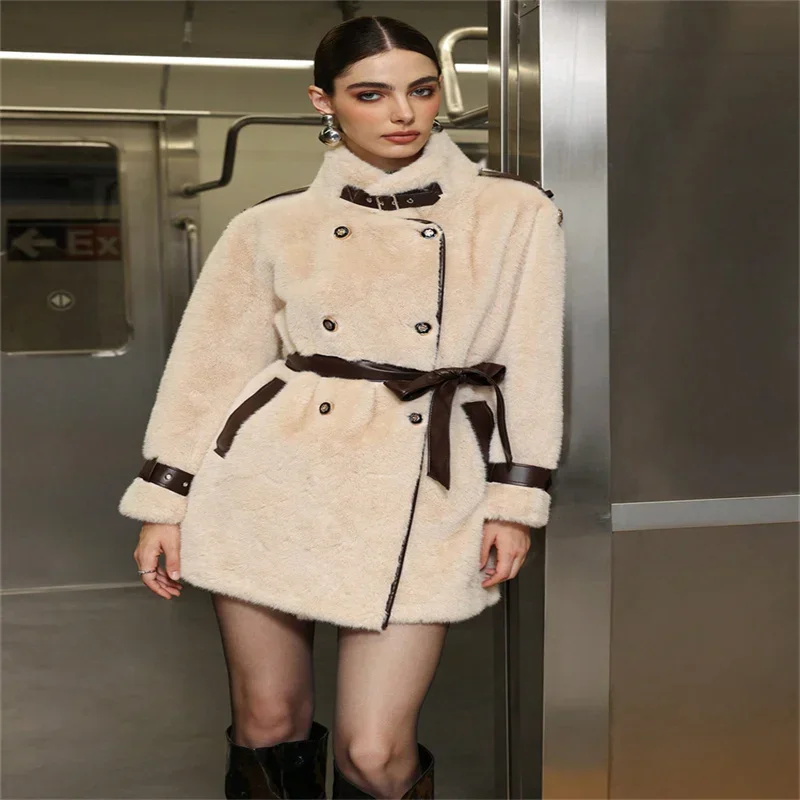 Faux Pelz frauen Mäntel Elegante Spitze Up Leder Gürtel Verdicken Volle Hülse Jacken Weibliche 2025, Neue Herbst Winter Frau pelz Mantel – Detail 5