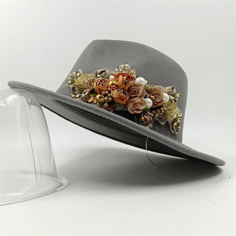 Gestickte Blume Hochzeit Fedora Hut für Frauen breite Krempe Jazz Cap Herbst Winter Kirche Bowler neue Kappe Chapeau Femme – Detail 16