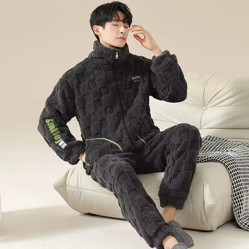 Stand Collar Coral Velvet Men Pajamas Simple Casual Sleepwear Autumn Winter Handsome Teenagers Loungewear Zipper Hooded Homewear