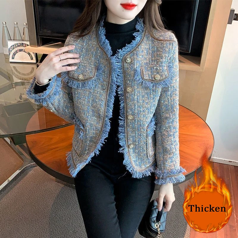 

Fashion Plaid Tassel Tweed Jacket Women Vintage Korean Thickened O-Neck Elegant Office Ladies Outerwear Autumn Winter Short Coat