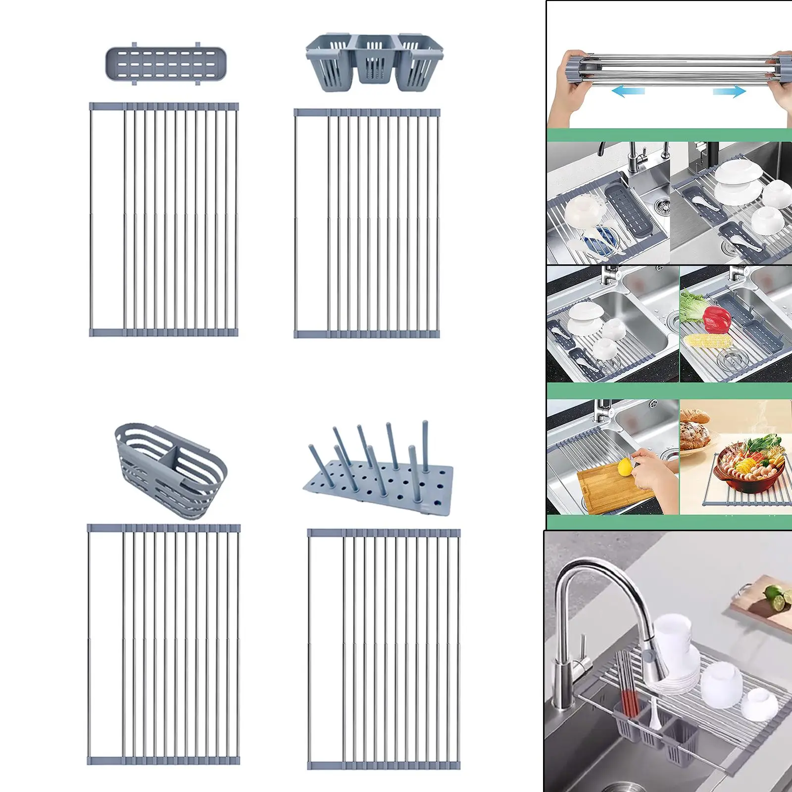 Foldable Roll Up Dish Drying Rack Collapsible Multipurpose Silicone Coated Stainless Steel Dish Drainer