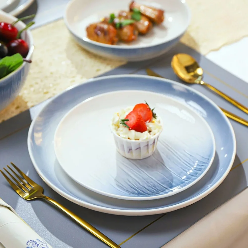 Handmade Ceramic Dinnerware Sets-Reactive Glaze Plates Bowls, Dishwasher Microwave Safe, Blue Relievo Design，Durable Dishes Set