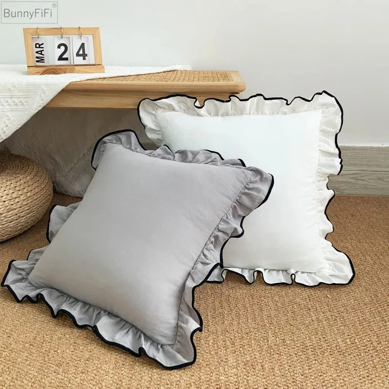 Grey Ruffly Throw Pillows Home Decor Cotton Ruffles Pillow Cover
