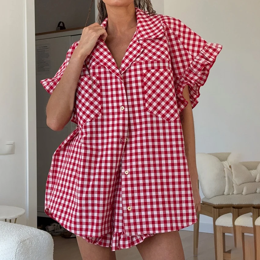 Linad Office Single-Breasted Shirts Elegant Plaid High Waist Shorts With Button Up Shirts 2 Piece Set Street Chic Outfits Summer