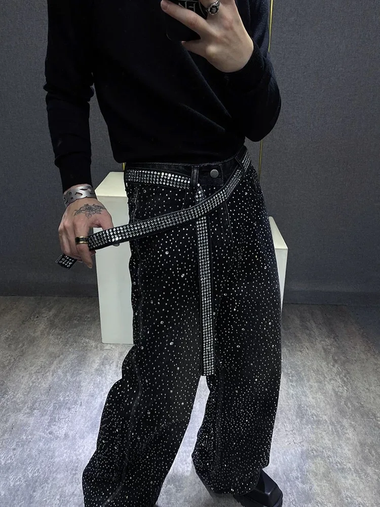 Good Quality Hip Hop Punk Rhinestone Black Jeans With Belt Men Vintage Casual Wide Leg Baggy Jeans Straight Pants