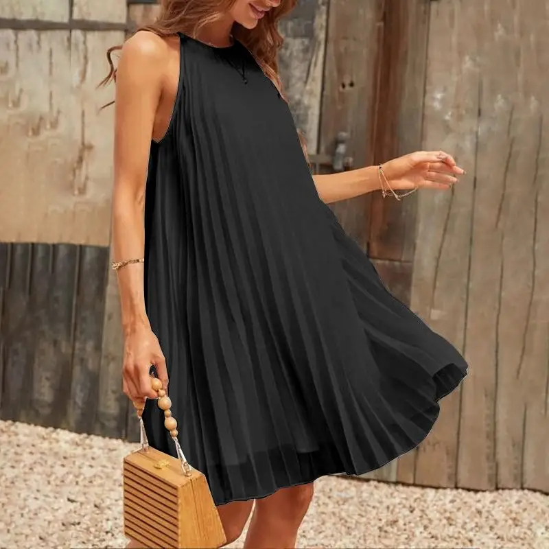 2024 Sexy Straps Mini Sundress Celmia Women Sleeveless Pleated Dress Party Summer Casual Loose O Neck Short Robes Oversize Dress