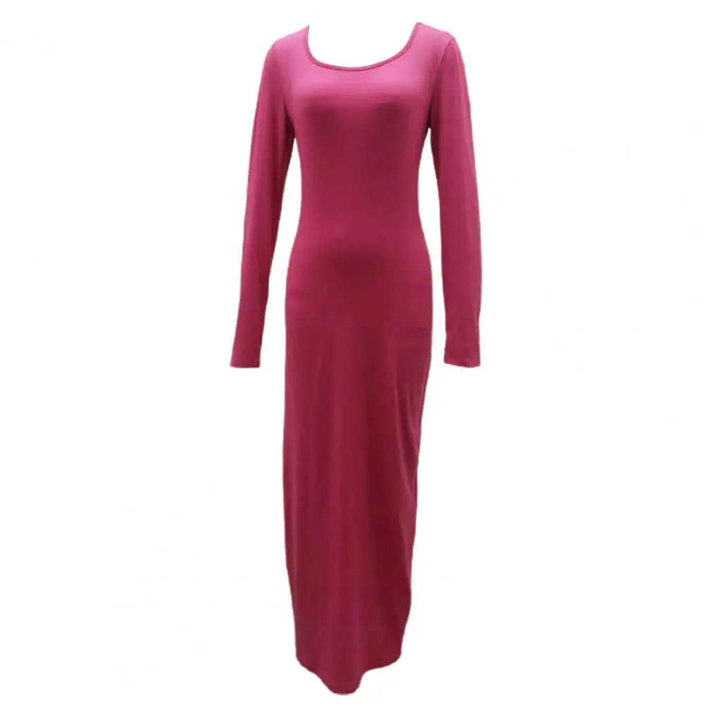 

Женское осенне-зимнее платье, элегантное платье макси с глубоким вырезом и U-образным вырезом для женщин, однотонное платье-футляр с облегающей талией и длинными рукавами, мягкое