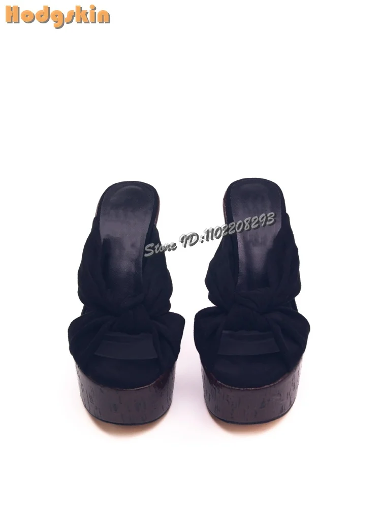 Open Toe Wooden Platform Slippers Black Satin Cross Strap Wedge Heel Roman Sandals 2026 Summer New Women's Fashion Party Shoes