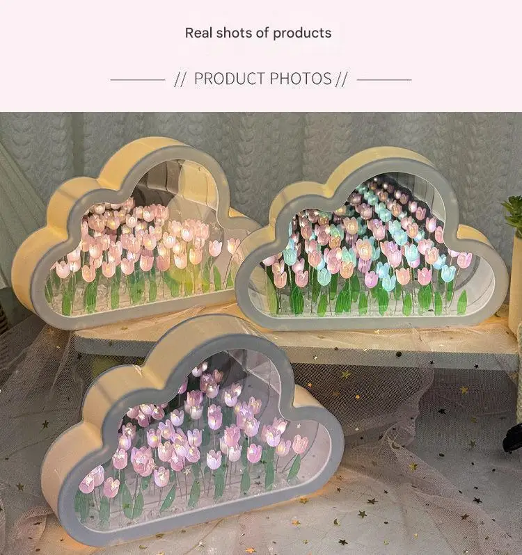 Creative Cloud Tulip Night Light DIY Handmade Mirror Flower Sea Atmosphere Lamp Desktop Decoration Birthday Holiday Gift