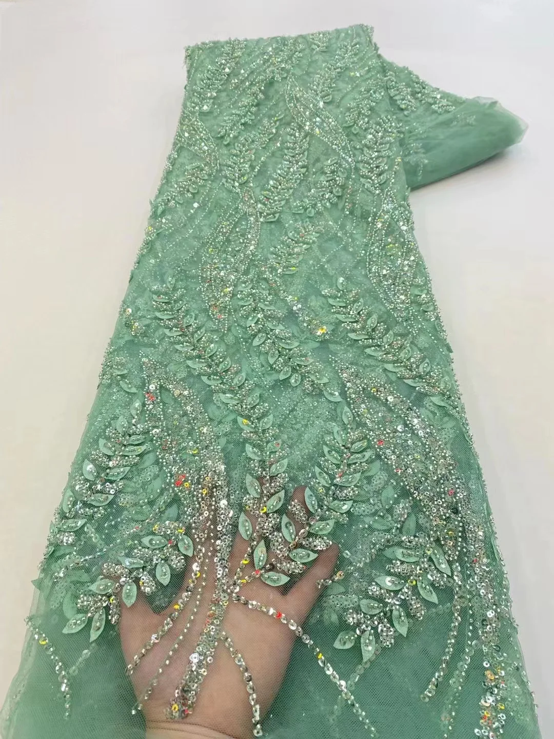 

African Luxury Sequins Lace Fabrics Latest Beaded Embroidery French Tulle Mesh Lace Fabric Material For Party Wedding PL307-4