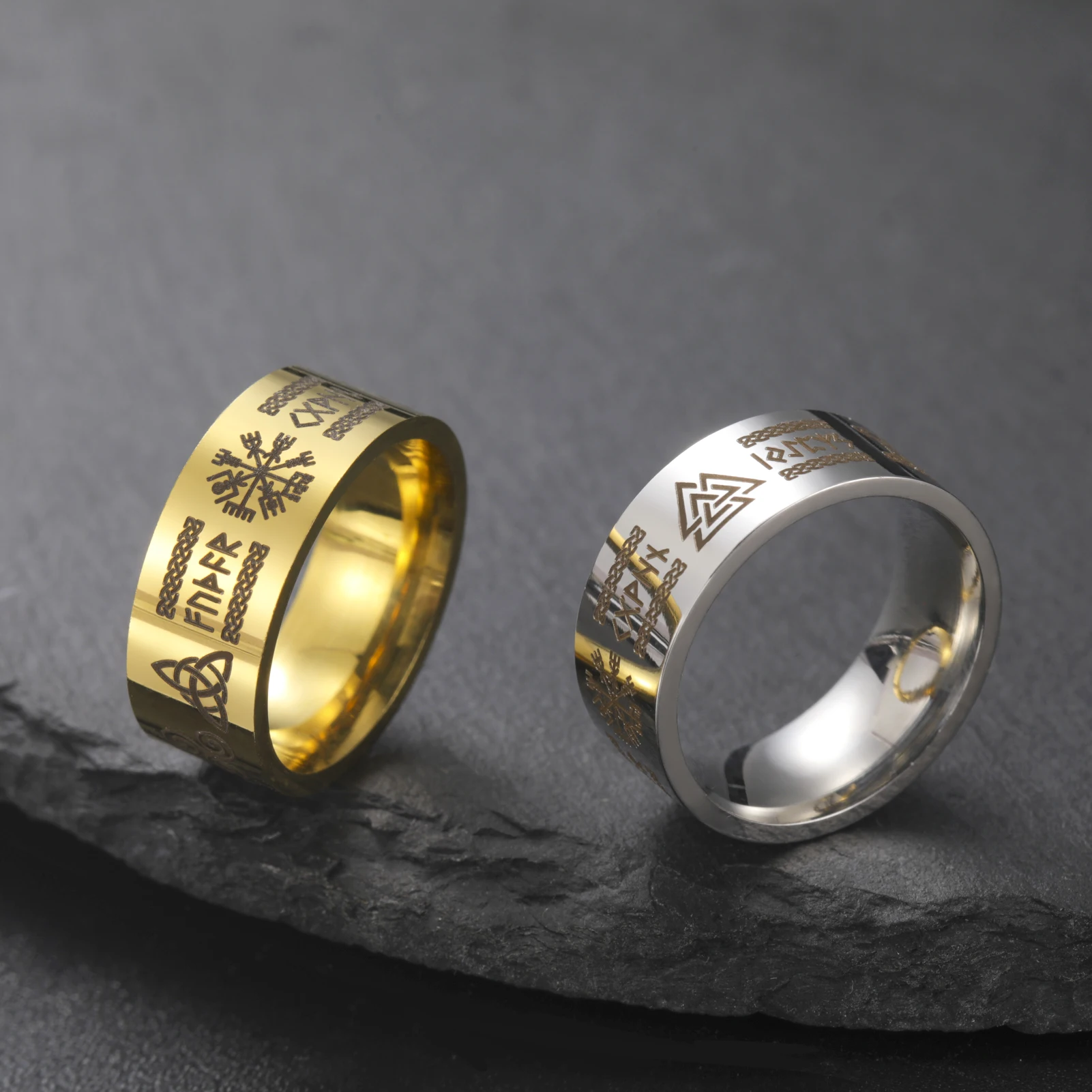 Kkjoy Wikinger-Totem Edelstahlring Nordische Runen Odin Valknut Vegvisir Amulett Retro Keltischer Schmuck für Männer Frauen Paare Exklusiver Schmuck
