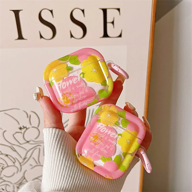 

Pink oil painting flowers For Apple AirPods 1 2 pro Bluetooth Headphone Cover 3rd Generation Silicone Soft Cover Protective Case