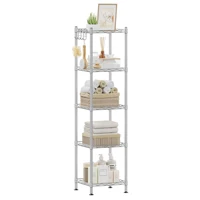 SONGMICS 5-Tier Bathroom Shelf, Storage Rack for Small Space, with 5 PP Shelf Liners, Removable Hook, Extendable Design 1