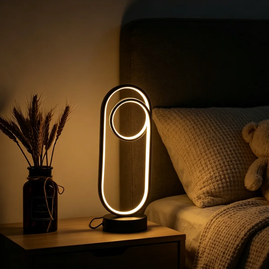 1PC 현대식 더블 링 타원형 LED 테이블 램프, 따뜻한 백색 무드등, USB 전원 장식 램프 (침실, 발코니용)