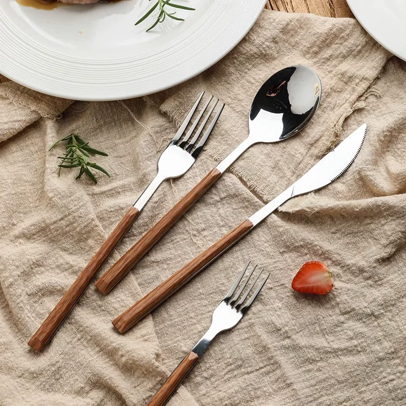 5PCS Stainless Steel Imitation Wooden Handle Cutlery Set Western Tableware Knife Fork Spoon Kitchen Flatware Set Dinnerware