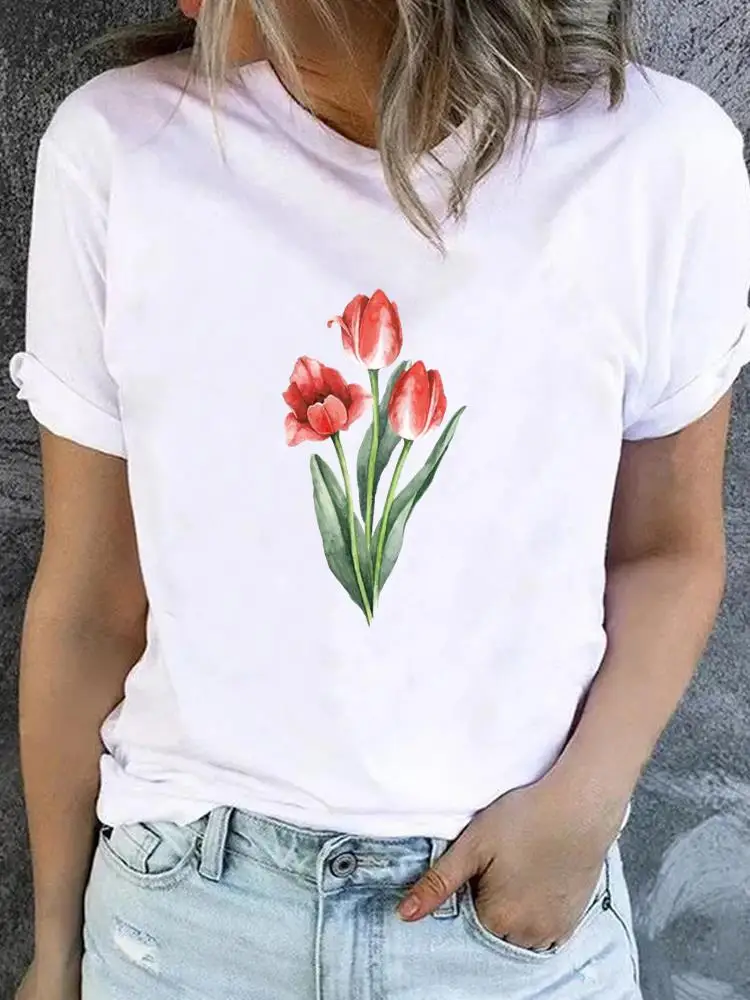 Flower Sweet Trend Cute 90s T-shirt Ladies Fashion Basic Women Graphic Short Sleeve Clothing Tee Top Clothes Print T Shirt