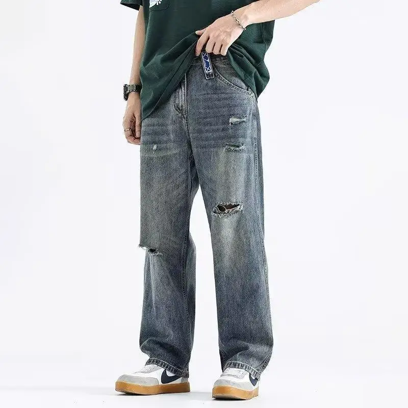 Men's Summer Holes Washed Jeans Straight Loose Wide Leg Baggy Jeans Streetwear Harajuku Men Hip Hop Denim Pants