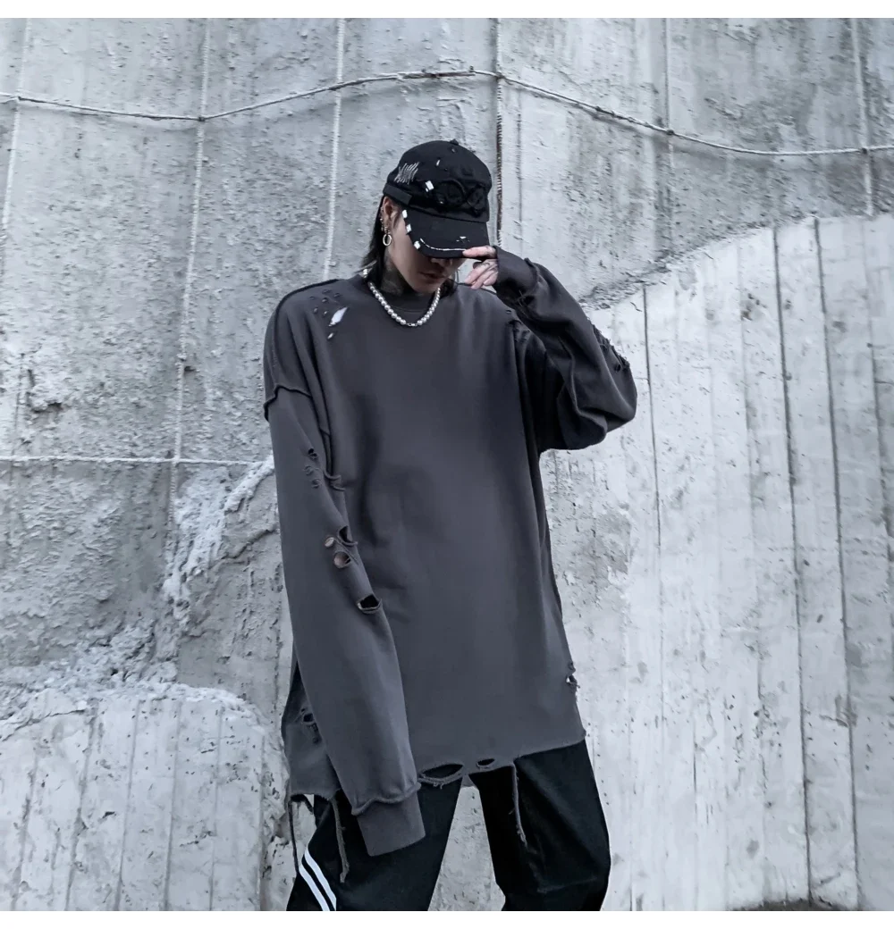 Camisolas rasgadas de manga comprida para homens e mulheres, pulôveres de ombro, streetwear com buracos rasgados, roupas grunge, sloth tops, primavera