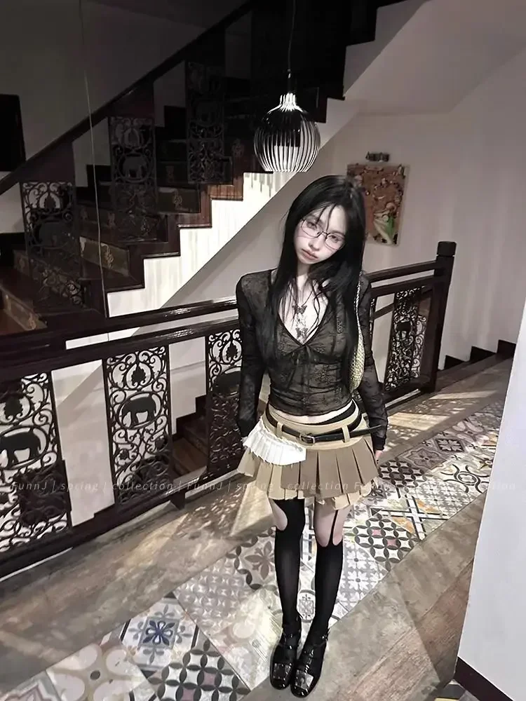 Korean Fashion Crop Top y2k Aesthetic Sweet Lace Patchwork Long Sleeve T Shirt with Bow 2000s Women Clothes Streetwear