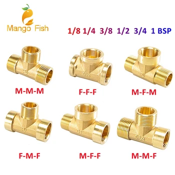 Pneumatic Plumbing Brass Pipe Fitting Male/Female Thread 1/8" 1/4" 3/8" 1/2" BSP Tee Type Copper Fittings Water Oil Gas Adapter 1