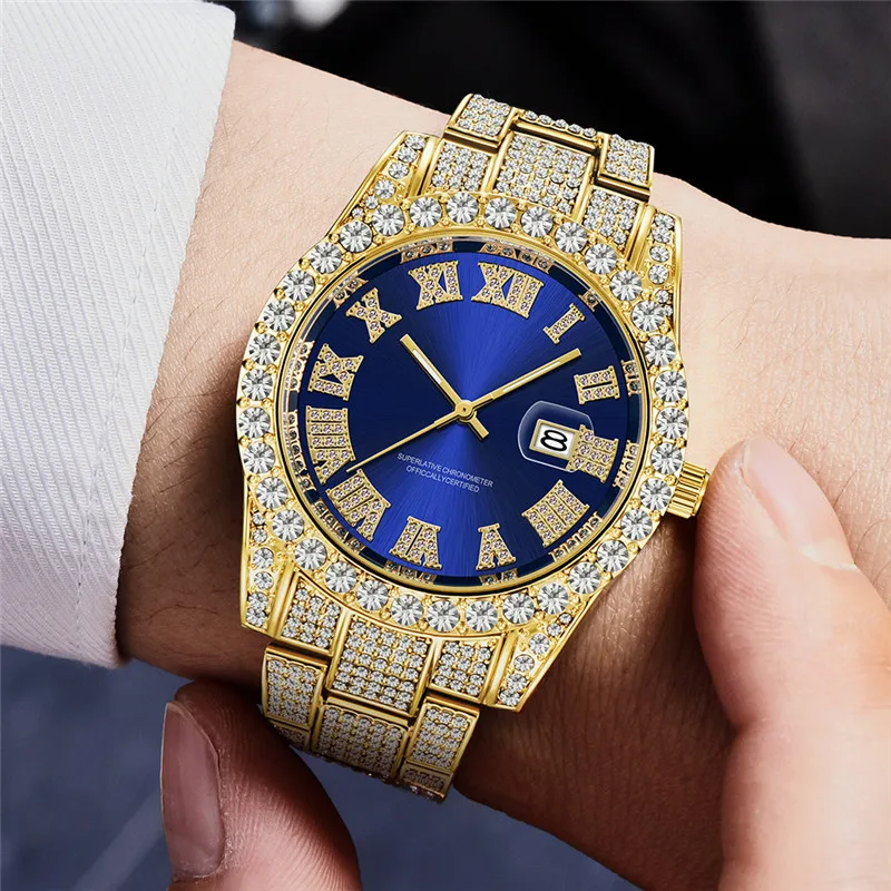 Cool Diamond Watches For Men Hip Hop Luxury Brand Fashion Alloy Band Golden Gifts Date Quartz Clock Relogio Masculino Ouro 2024