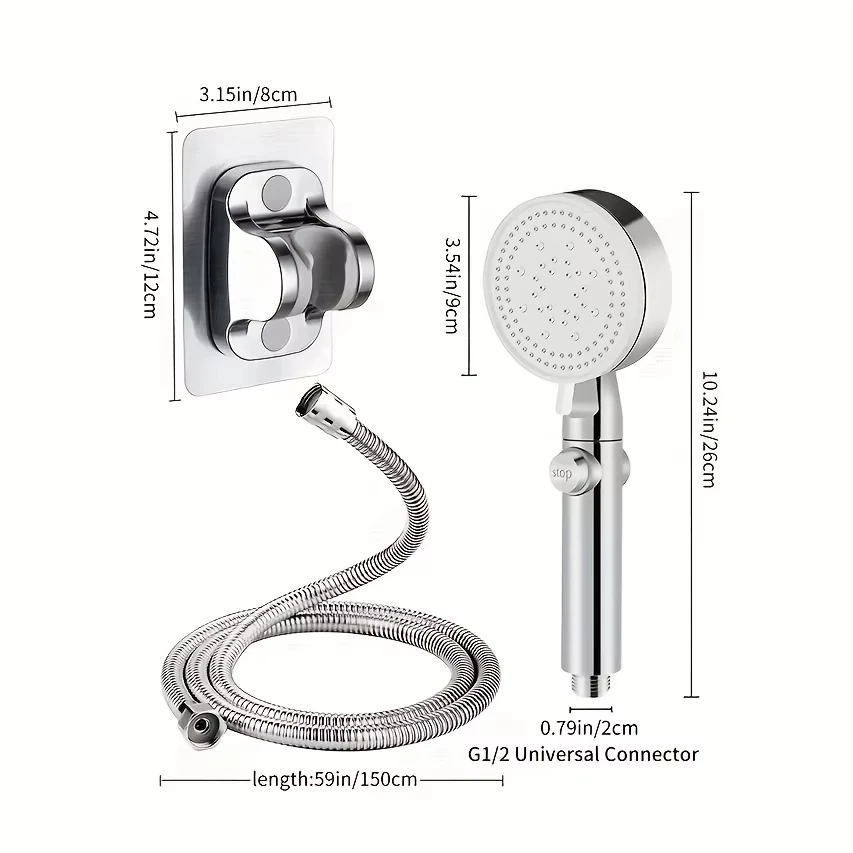 Shower Head Adjustable Silver Bathroom Shower Head High Pressure Stop Switch Water Saving Hose and Support