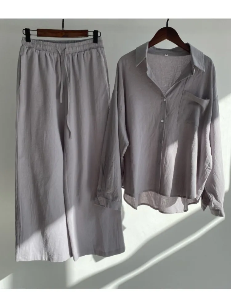 Cotton And Linen Solid Color Pant Sets Women Single-breasted Shirts And Drawstring Loose Wide Legs Trousers Two Piece Set Casual