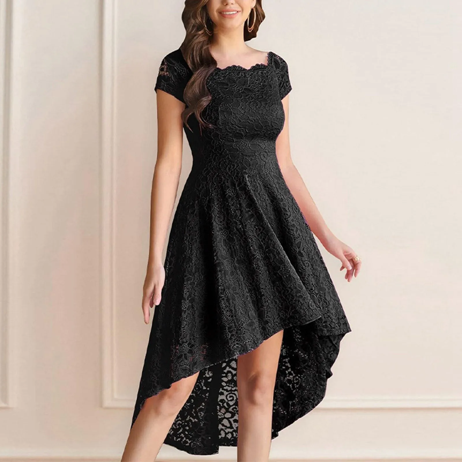 

Vintage Summer Elegant Lace Party Wedding Dresses Solid French Slim Square Collar Party Dance Irregular Hem Evening Night Gown