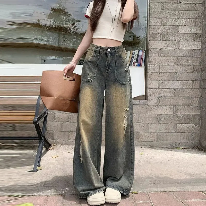 Jeans a gamba dritta larghi strappati con foro blu Pantaloni in denim a vita alta di nuovo stile estivo da donna Jeans a vita alta casual versatili