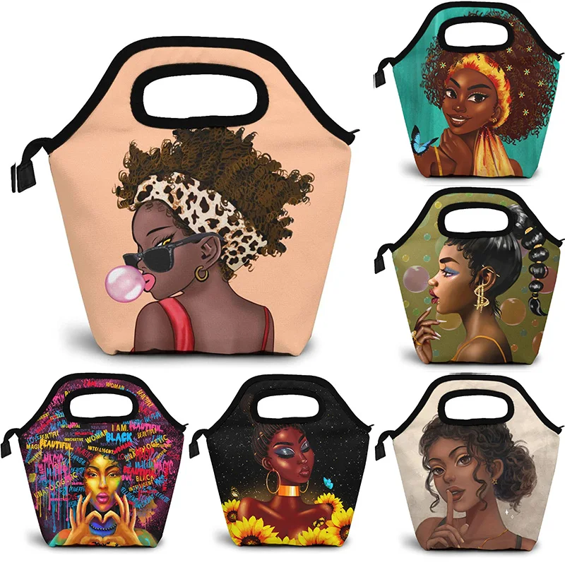 Lunch Bag African American Women With Crown Lunch Bag Afro Girls Black Queen Handbag Lunch Kit Insulated Cooler Box For Travel Picnic