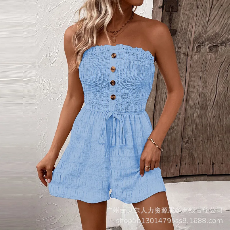

Wepbel Sexy Strapless Low Cut Rompers Playsuits Tube Top Casual Jumpsuit Women Solid Color High Waist Wide Leg Pant Jumpsuits