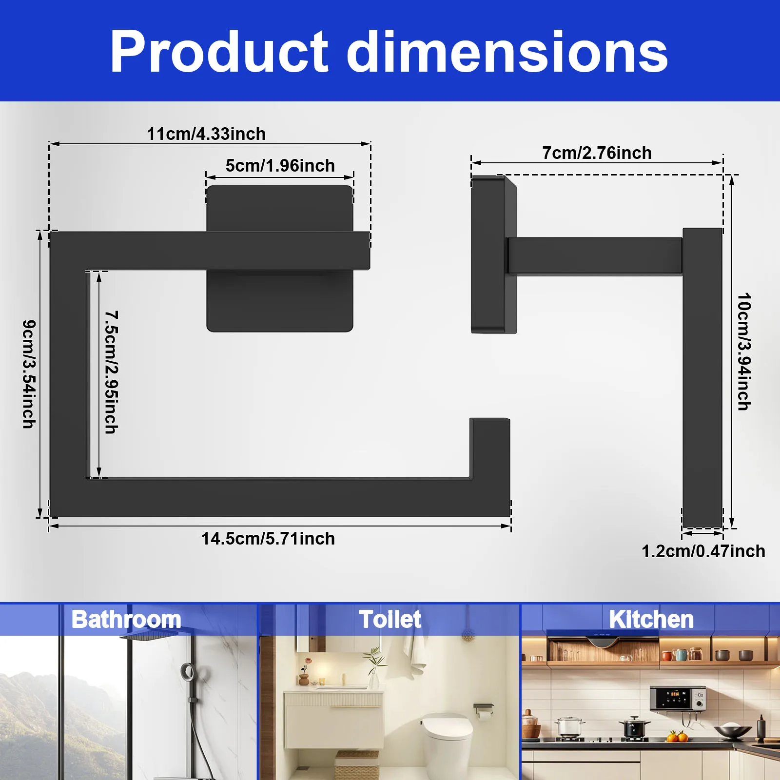 Stainless Steel Towel Holder Matte Black Square Paper Roll and Hand Towel Ring with Screw Accessories for Home Bathroom Kitchen