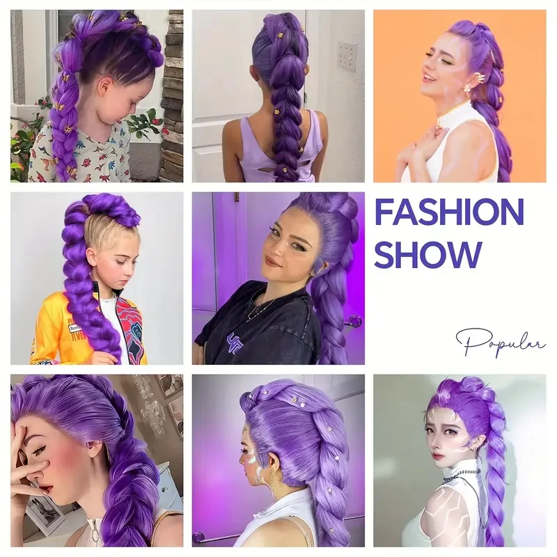 LUPU 26 Inch Long Purple Box Braided Extensions Synthetic Fiber for Roleplay Halloween Costume Easy to Clip for Tail Braid