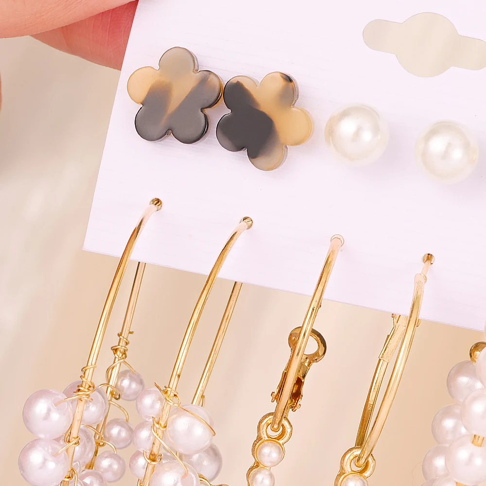 Alloy earrings 6 pairs delicate Imitation pearl design Retro elegant style Women Gifts