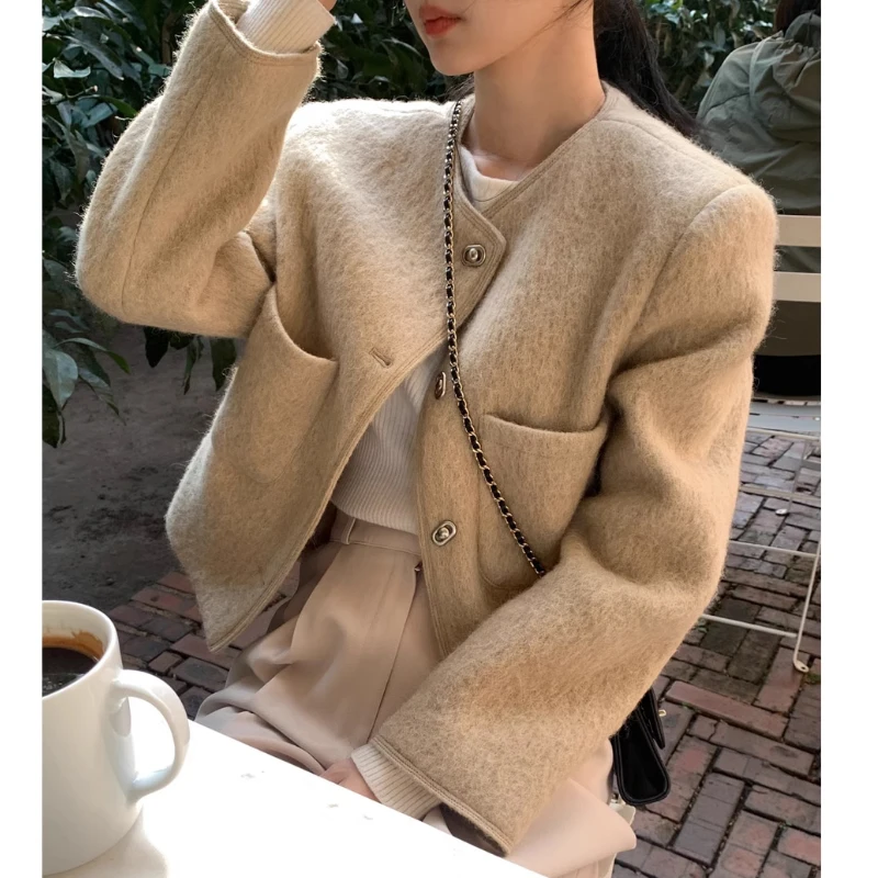 가을과 겨울 높은 감각 모직 재킷 여성 작은 야외 짧은 우아한 둥근 목 싱글 브레스트 우아한 모직 코트