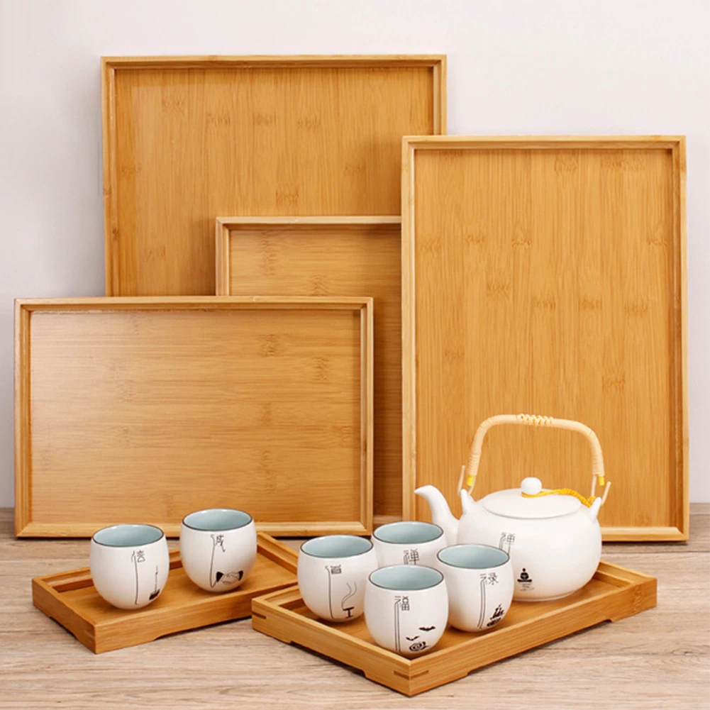 Description Picture 6 of itemBamboos Wood Rectangular Tea Tray Solid Wooden  Tray Tea Cups Trays Stand Tray For Kitchen Party Tea Bar Storage Tray Tableware
