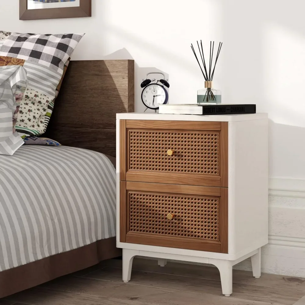 Farmhouse 3-Drawer Nightstand, Woven Cane Front Accent Dresser with Brass Pull, Fully-Assembled