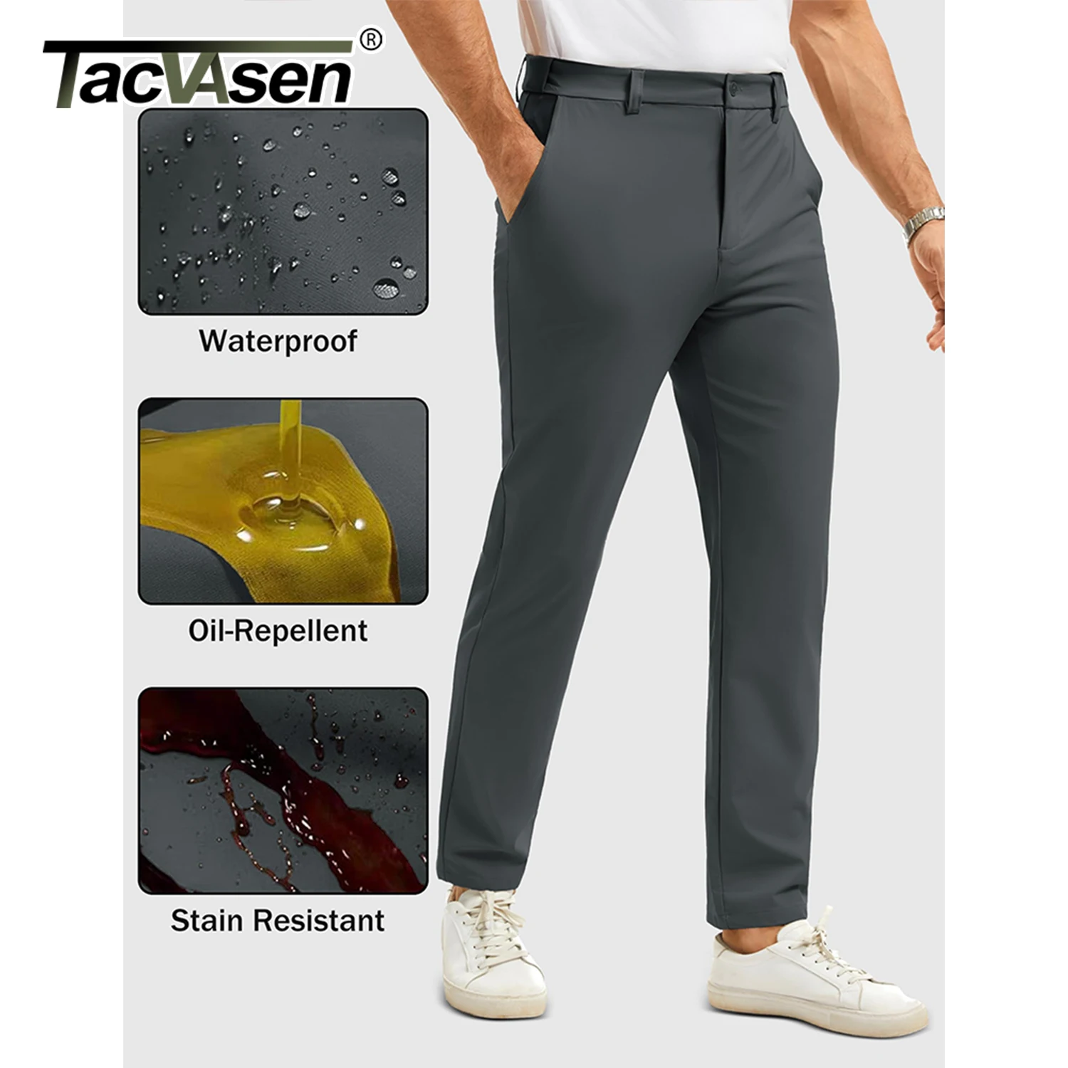 TACVASEN 남성 캐주얼 팬츠 스트레이트 레그 플랫 프론트 팬츠 방수 스트레치 허리 바지 골프용 경량 작업 바지